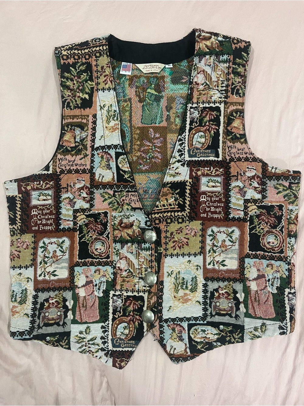 VTG Gotcha Covered Christmas Tapestry Vest M Made in USA Grannycore Patchwork